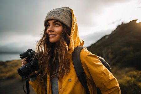 Portrait of a young woman in a yellow raincoat with a camera on the background of the mountains.の素材