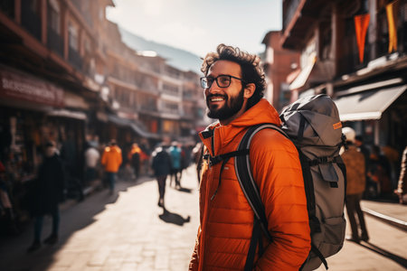 Handsome young bearded man with a backpack walking along the street of the city.の素材