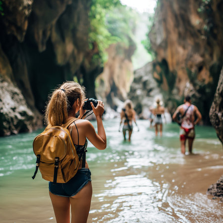 Woman tourist taking photo of khao sok waterfall, Krabi, Thailandの素材