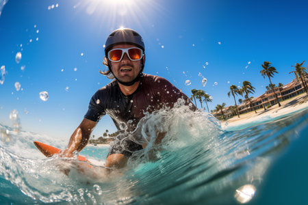 Surfer on the surfboard in the ocean with splashes of waterの素材