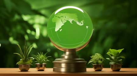 Globe and plants on wooden table in front of green background.の素材