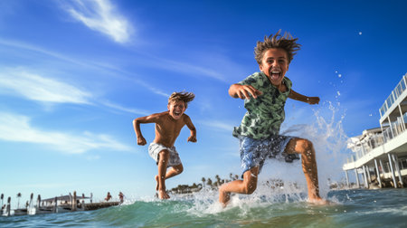 Two boys jumping into the water with splashes of water on a sunny dayの素材