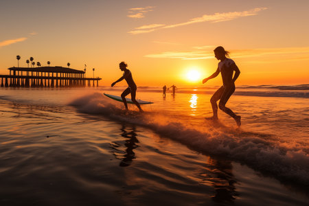 Surfer girl with surfboard on the beach at sunset in Venice Beach, California, USAの素材