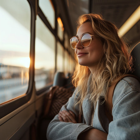 Portrait of a beautiful young woman wearing sunglasses and a sweater sitting in the bus at sunset.の素材