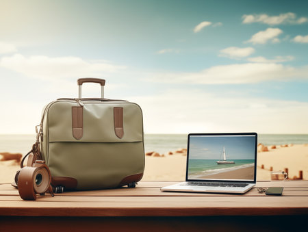 Laptop and travel bag on wooden table with sea background. Travel conceptの素材
