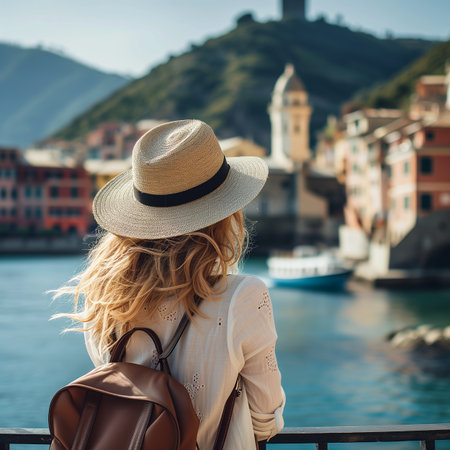 Beautiful girl in a hat on the background of the city of Vernazza, Italyの素材