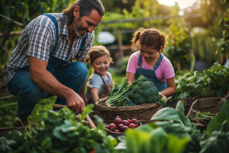 Portrait of happy family harvesting vegetables in vegetable garden. Focus on manの素材