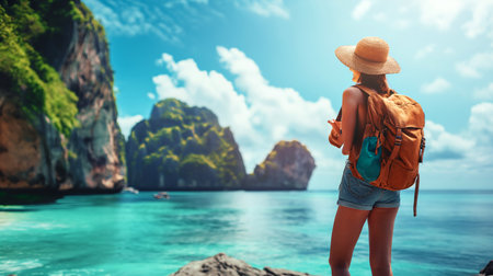 Young woman traveler with backpack and hat enjoying the view of beautiful tropical islandの素材
