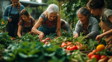 Group of people senior harvesting vegetables in the garden. Selective focus.の素材