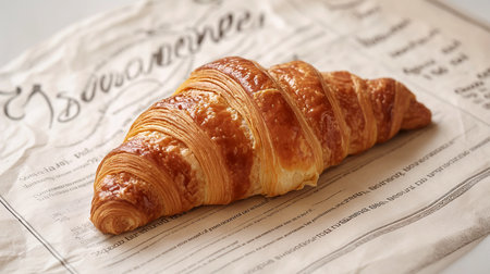 Croissant on a sheet of paper, close-up.の素材