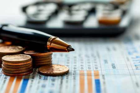 Business background with money, calculator, pen and glasses. Shallow dof.の素材