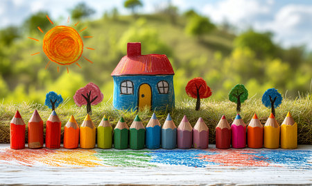 Colorful pencils and house on nature background. Creative concept.の素材