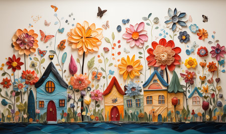 Colorful decorative wall art in the form of houses and flowers.の素材