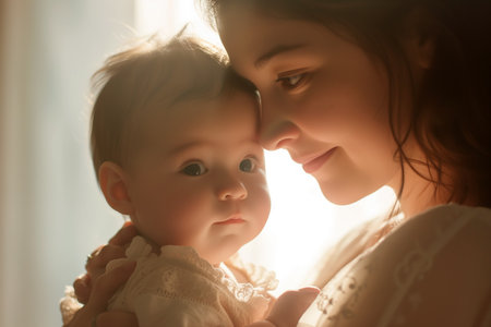 Portrait of beautiful young mother and her adorable little daughter at homeの素材
