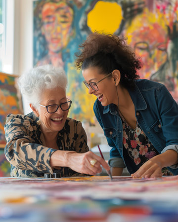Portrait of happy senior woman painting with her granddaughter in art studioの素材