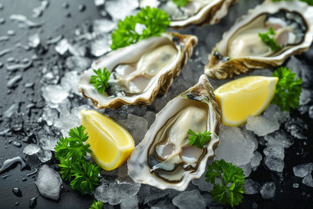 Fresh oysters with lemon and parsley on a black background.の素材