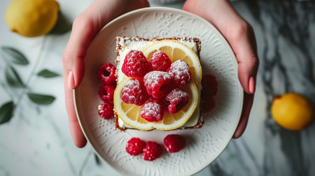 Lemon cake with raspberries and lemon slices in female handsの素材