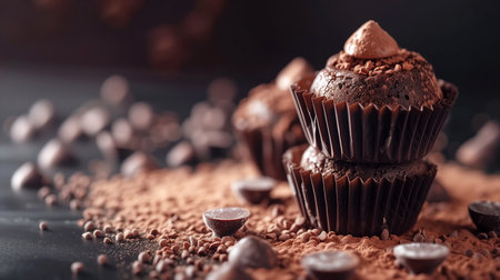Chocolate truffles with cocoa powder on dark background, closeupの素材