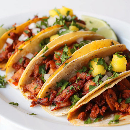 Mexican tacos with meat and vegetables, close-up, horizontalの素材