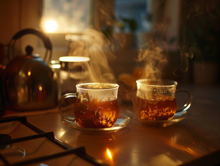 Two cups of tea on the table in the kitchen at night.の素材