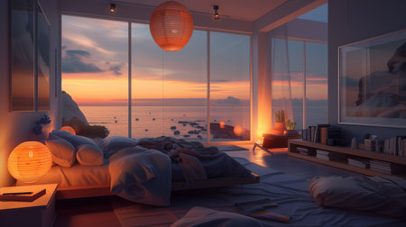 3d rendering of a bedroom with sea view in the evening.の素材