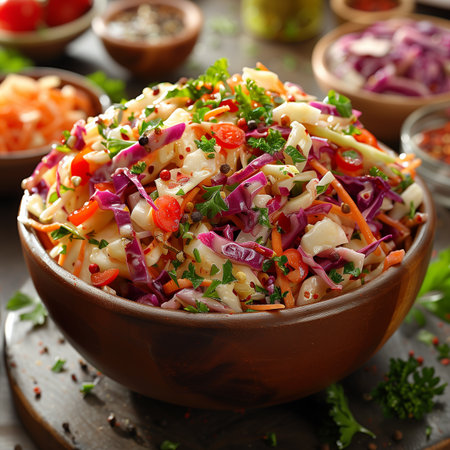 Salad with coleslaw and vegetables in a bowl on the tableの素材
