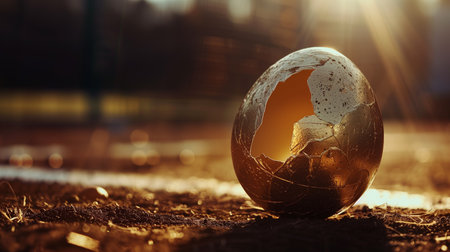 Broken glass ball on the football field in sunset light. Conceptual image.の素材