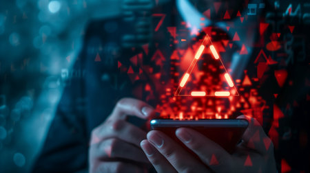 Businessman using mobile phone with red neon glowing triangle on dark backgroundの素材