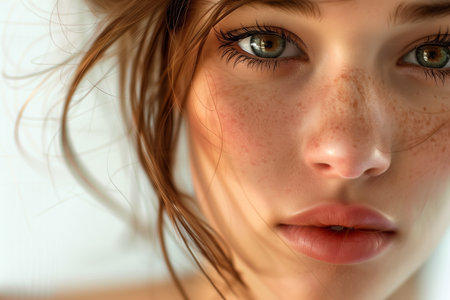Closeup portrait of a beautiful young woman with freckles on her faceの素材