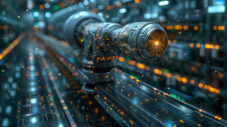 3D rendering of a robot arm in a futuristic cyberspaceの素材