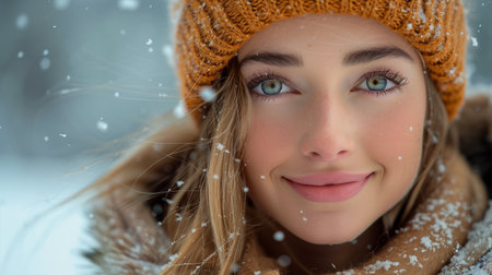 Close up portrait of a beautiful young woman in a winter park.の素材
