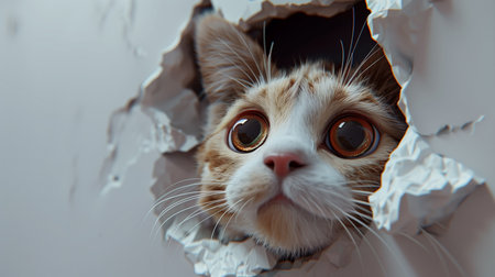 Cute cat peeking through hole in paper, looking at cameraの素材
