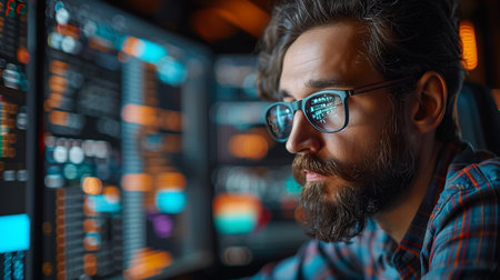 Portrait of a bearded man in glasses and a checkered shirt on the background of the monitor of a computer.の素材