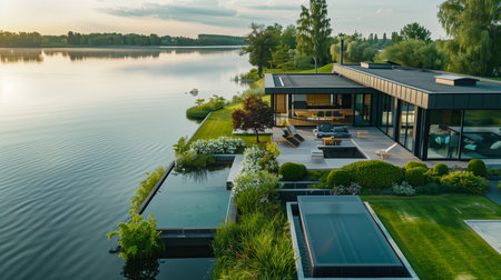 Modern house on the bank of the lake with a beautiful view.の素材