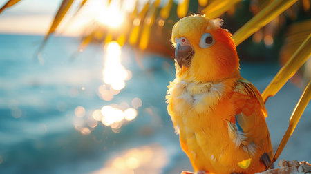 Cute yellow parrot sitting on the palm tree in sunset lightの素材