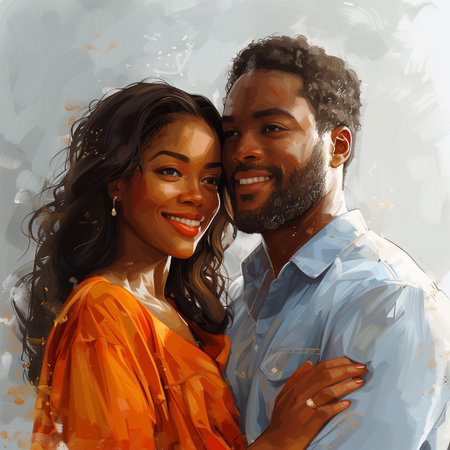 Portrait of happy African American couple in love. Digital painting.の素材