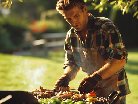 Handsome young man cooking barbecue outdoors on sunny summer day.の素材