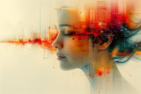 Double exposure of woman face and abstract background. Double exposure concept.の素材
