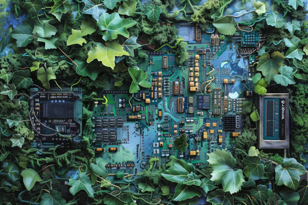 Closeup of electronic circuit board with green leaves. Technology background.の素材