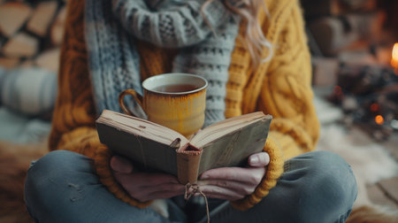 Young woman in warm clothes sitting near fireplace with cup of tea and book.の素材