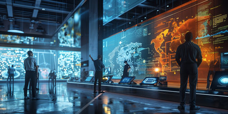 Silhouette of a businessman in front of a monitor with a world map.の素材