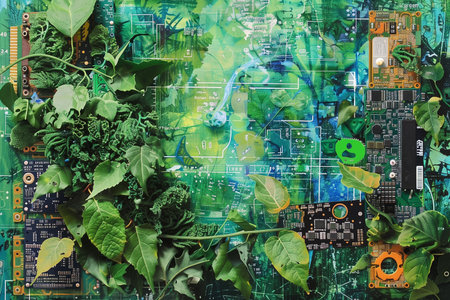 Green leaves on the background of a printed circuit board. The concept of ecology.の素材