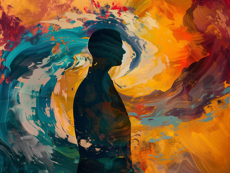 Colorful abstract background with silhouette of a man. Digital painting.の素材