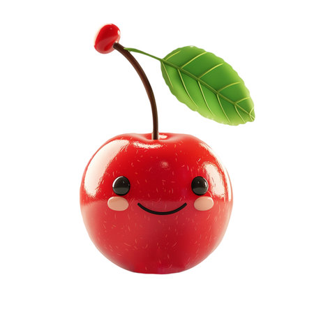 Cherry character with a smiley face on a white background.の素材