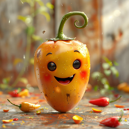 Funny smiling pepper on a grunge background. 3d renderingの素材