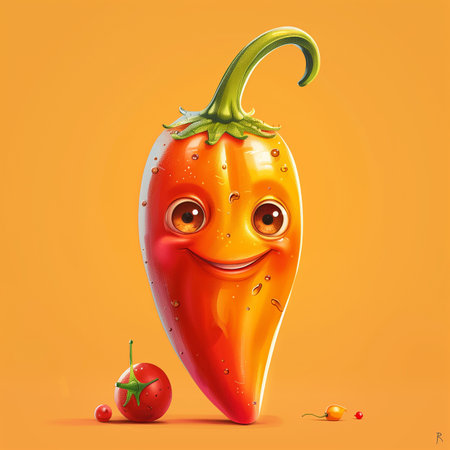 Smiling pepper character with tomato and cherry tomato on orange background.の素材