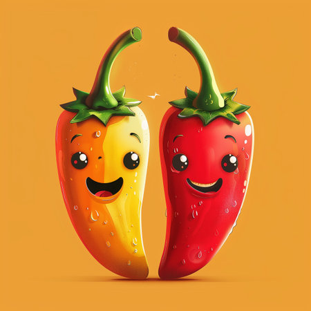 Hot chili peppers with smiley faces isolated on orange background. .の素材
