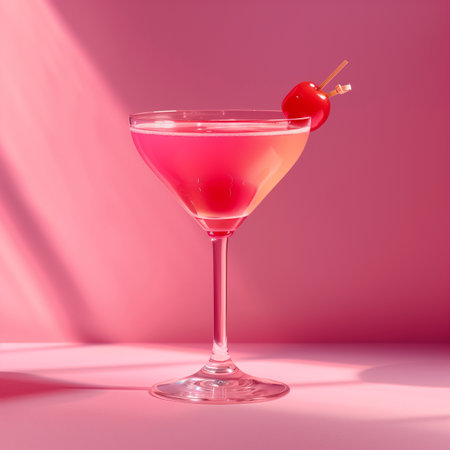 Pink cocktail with cherry in a martini glass on a pink backgroundの素材