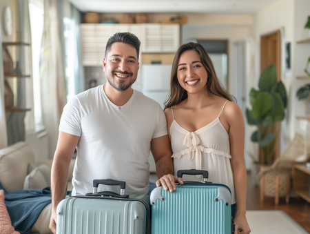 Happy couple with luggage at home. Smiling man and woman looking at camera.の素材