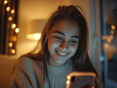 Happy young woman using mobile phone at home in the living room.の素材